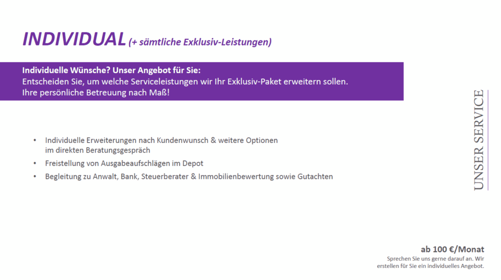 Imagebroschüre, Seite 21: Servicepaket Individual – Leistungen und Preise